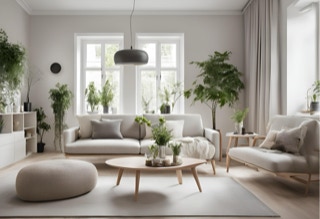 Modernes Wohnzimmer mit natürlichem Flair  Ein helles, minimalistisch gestaltetes Wohnzimmer mit skandinavischem Charakter. Die Kombination aus hellen Stoffen, klaren Formen und einer Vielzahl an Grünpflanzen schafft ein harmonisches Gesamtbild. Der dezente Farbmix aus Beige, Grau und Naturtönen sorgt für Ruhe und Wohnlichkeit, während die ausgewählte Pflanzenvielfalt das Raumklima belebt. Ein moderner Wohnbereich, der Natürlichkeit und Design gekonnt verbindet – stilvoll, offen und einladend.